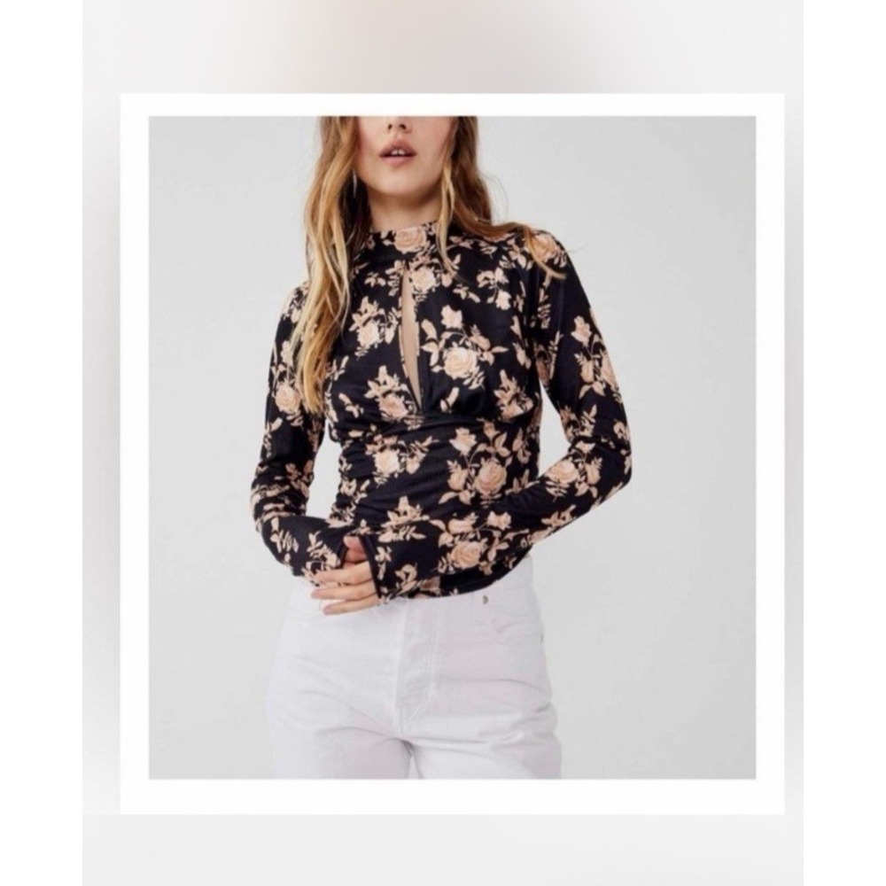 Free People NWT Dinner Party Top Black Combo SZ L Rose Floral Soft Romantic BoHo